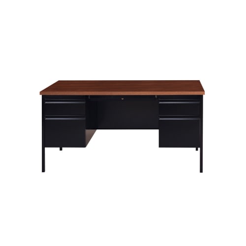 Hirsh Double Pedestal Office Desk with Center Drawer, 30" D x 60" W, Black / Walnut